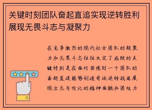 关键时刻团队奋起直追实现逆转胜利展现无畏斗志与凝聚力