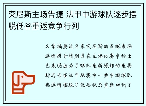 突尼斯主场告捷 法甲中游球队逐步摆脱低谷重返竞争行列