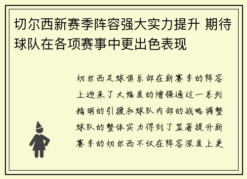 切尔西新赛季阵容强大实力提升 期待球队在各项赛事中更出色表现