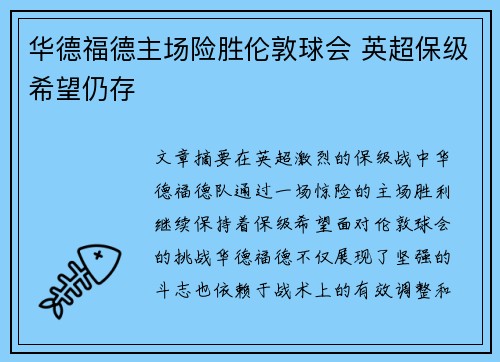 华德福德主场险胜伦敦球会 英超保级希望仍存