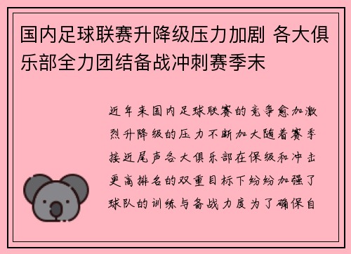 国内足球联赛升降级压力加剧 各大俱乐部全力团结备战冲刺赛季末