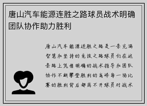 唐山汽车能源连胜之路球员战术明确团队协作助力胜利