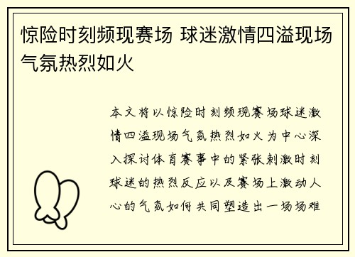 惊险时刻频现赛场 球迷激情四溢现场气氛热烈如火