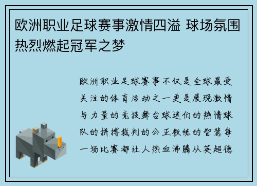 欧洲职业足球赛事激情四溢 球场氛围热烈燃起冠军之梦