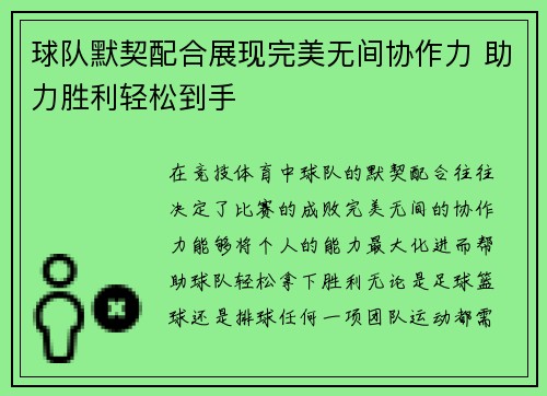 球队默契配合展现完美无间协作力 助力胜利轻松到手