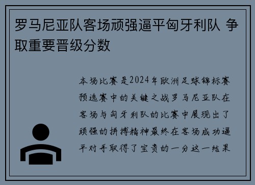罗马尼亚队客场顽强逼平匈牙利队 争取重要晋级分数