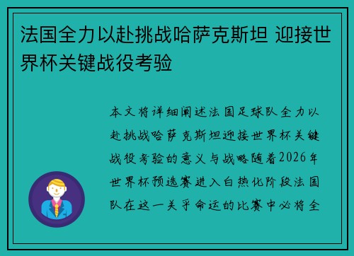 法国全力以赴挑战哈萨克斯坦 迎接世界杯关键战役考验