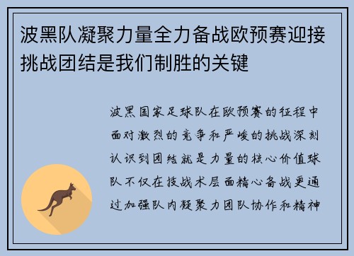 波黑队凝聚力量全力备战欧预赛迎接挑战团结是我们制胜的关键