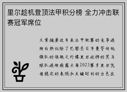 里尔趁机登顶法甲积分榜 全力冲击联赛冠军席位